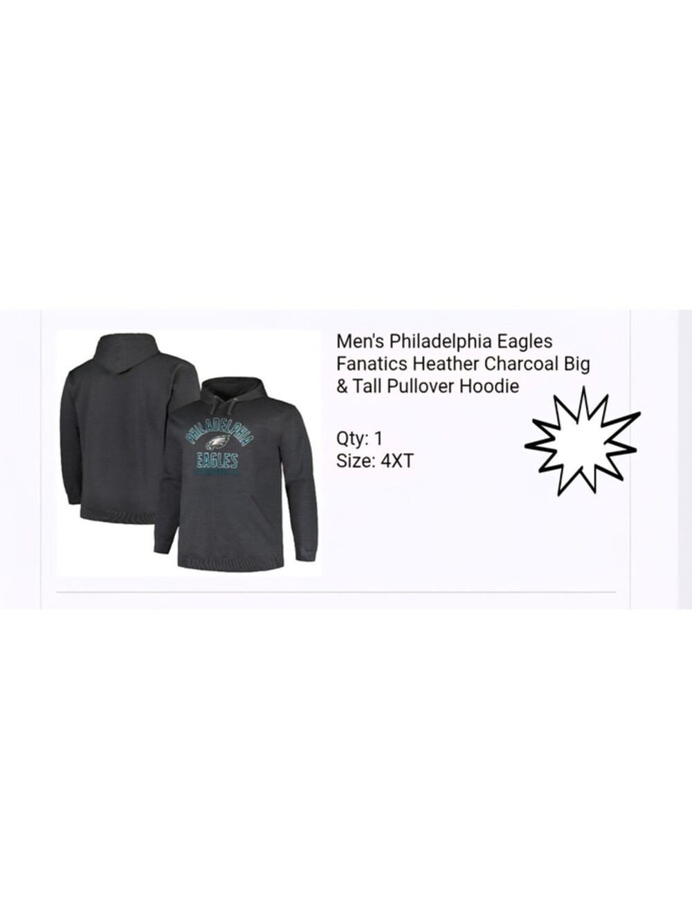 Philadelphia Eagles Fanatics Hoodie Mens 4XT Big Tall Heather Charcoal NFL NEW